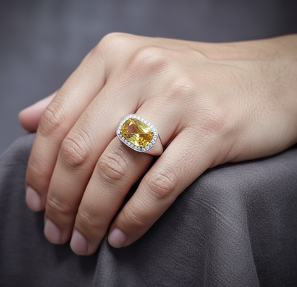 7.50 carat yellow sapphire men’s ring with diamond halo in 18K white gold by Emirates Diamonds Dubai