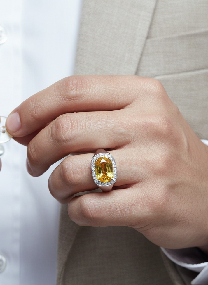 7.50 carat yellow sapphire men’s ring with diamond halo in 18K white gold by Emirates Diamonds Dubai