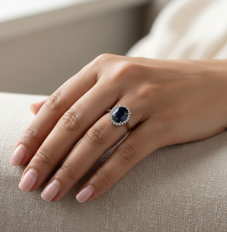 3.41 carat oval blue sapphire and diamond halo ring in 18K white gold by Emirates Diamonds