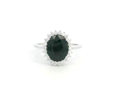 3.41 carat oval blue sapphire and diamond halo ring in 18K white gold by Emirates Diamonds