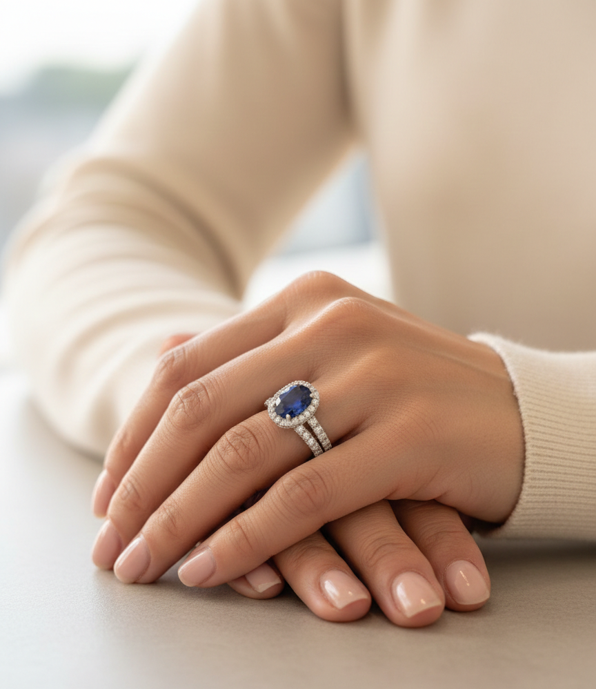 18K white gold blue sapphire and diamond bridal ring set with halo engagement ring and diamond wedding band by Emirates Diamonds