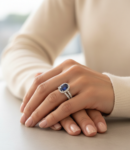 18K white gold blue sapphire and diamond bridal ring set with halo engagement ring and diamond wedding band by Emirates Diamonds