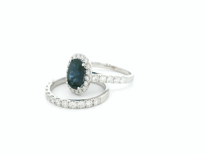 18K white gold blue sapphire and diamond bridal ring set with halo engagement ring and diamond wedding band by Emirates Diamonds