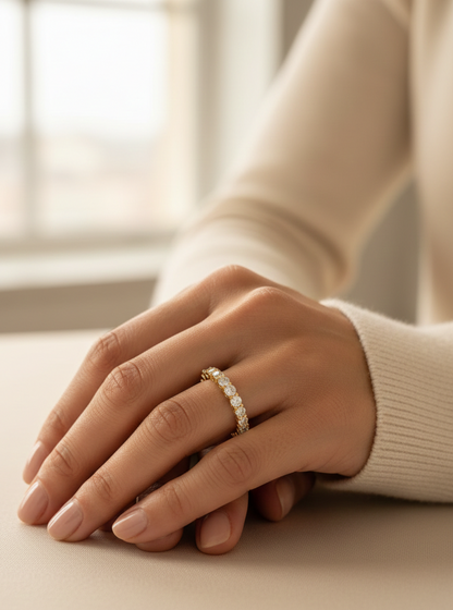 18K yellow gold diamond half eternity ring with round brilliant-cut diamonds by Emirates Diamonds