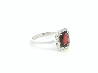 18K white gold emerald-cut garnet ring with diamond halo, elegant gemstone ring by Emirates Diamonds