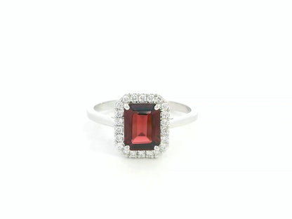 18K white gold emerald-cut garnet ring with diamond halo, elegant gemstone ring by Emirates Diamonds