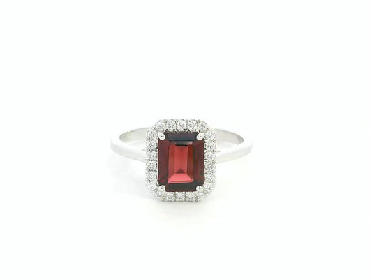 18K white gold emerald-cut garnet ring with diamond halo, elegant gemstone ring by Emirates Diamonds