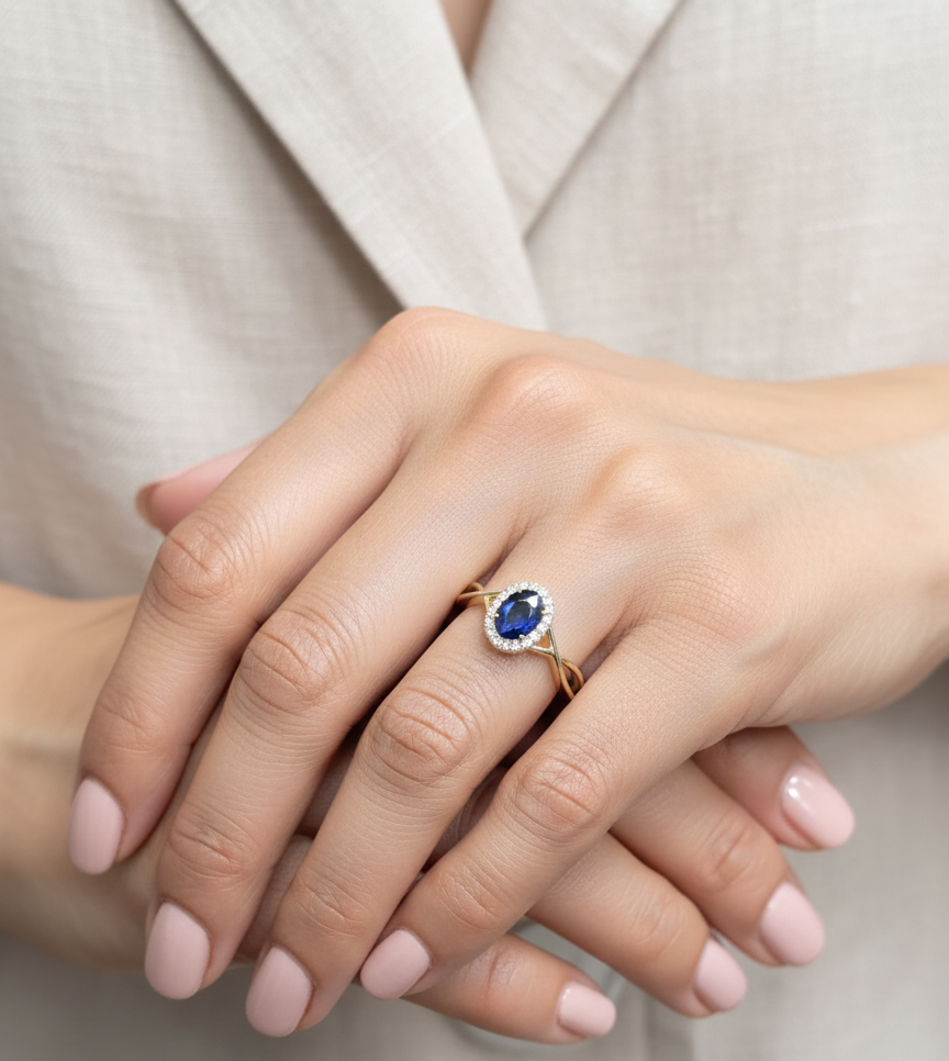 Oval blue sapphire diamond halo ring in 18K yellow gold with crossover band by Emirates Diamonds