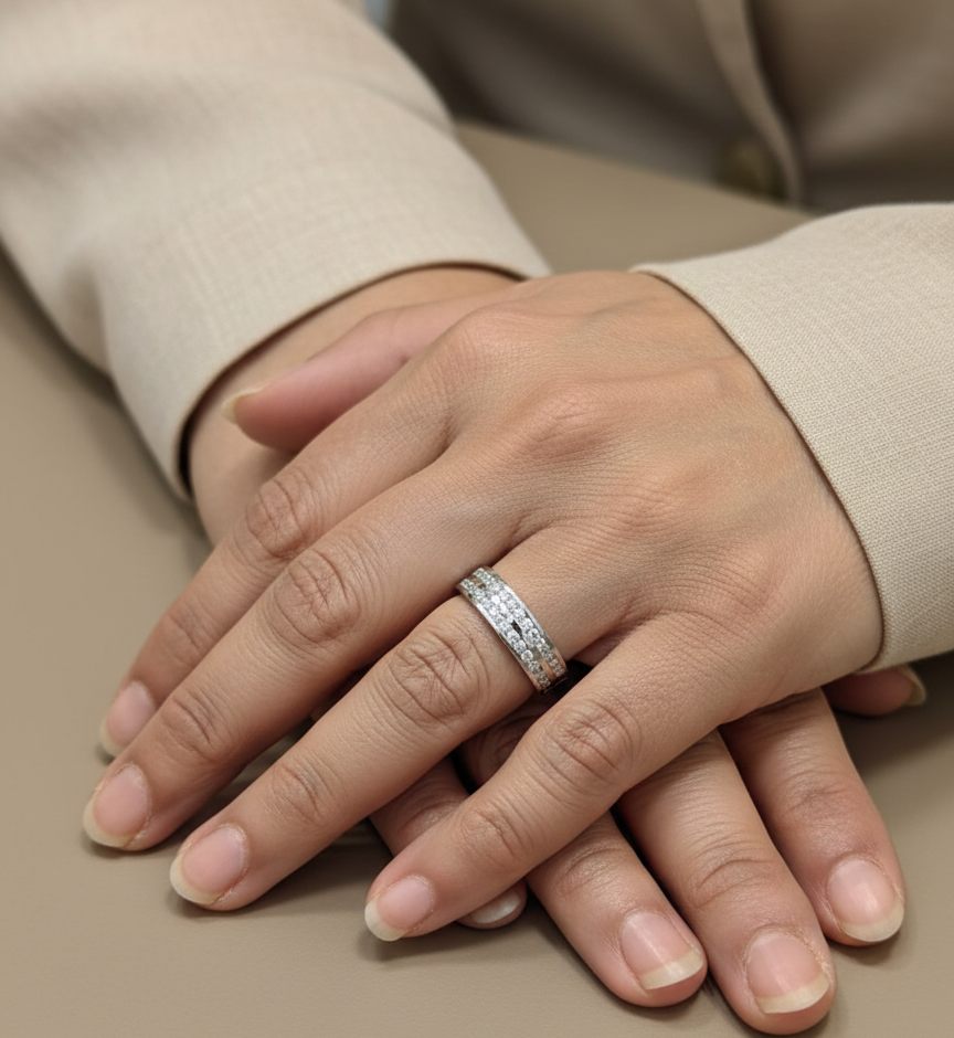 18K white gold diamond channel-set band with double rows of round diamonds by Emirates Diamonds