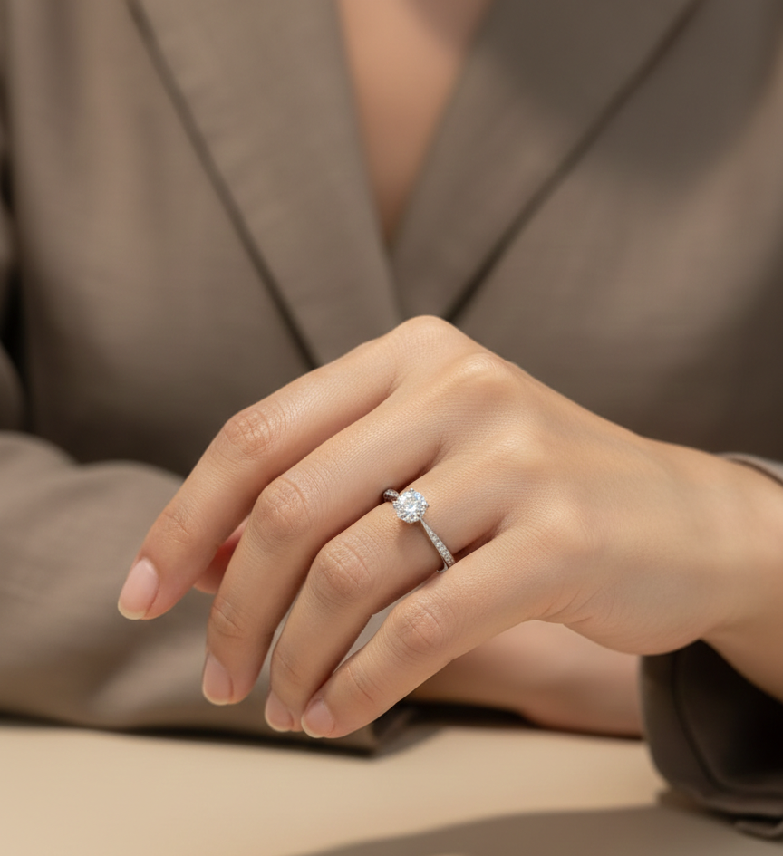 18K white gold diamond solitaire engagement ring with pavé band – 0.55 carat GIA diamond by Emirates Diamonds