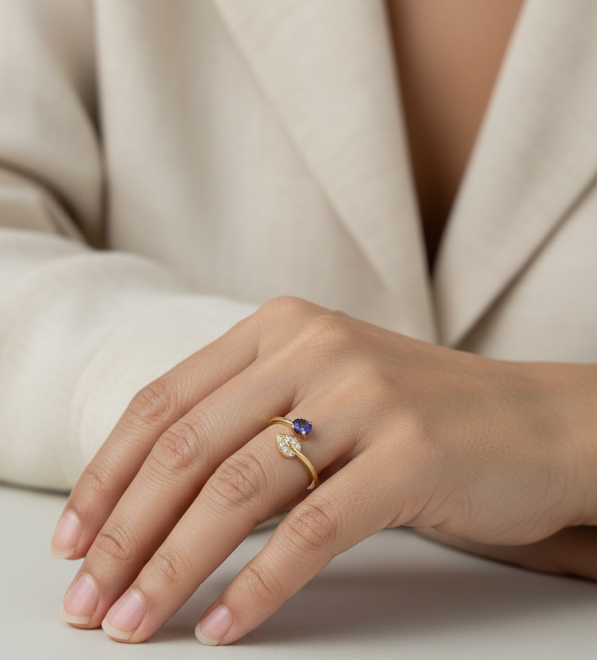 18K yellow gold sapphire diamond bypass ring by Emirates Diamonds