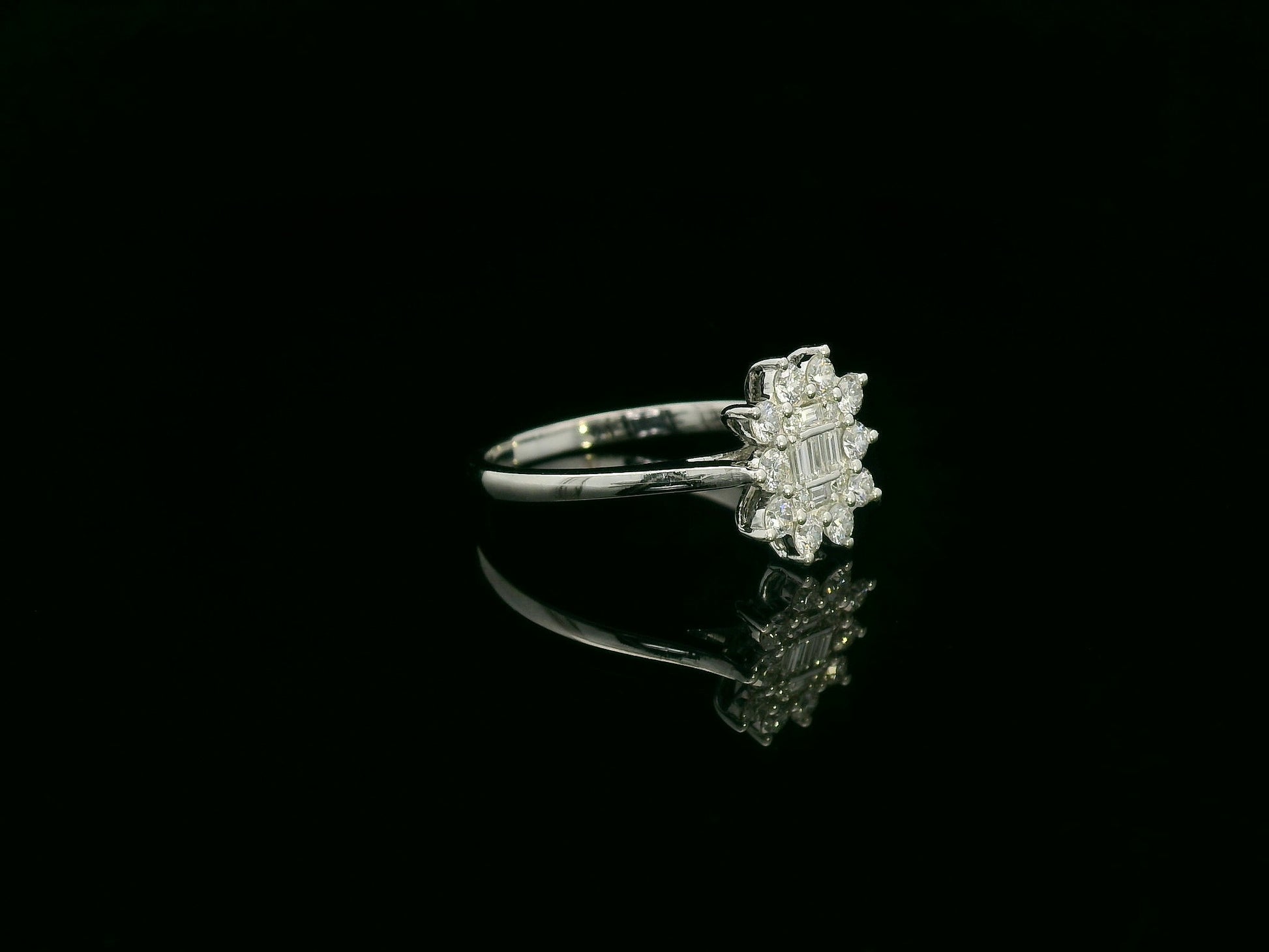Diamond floral cluster ring in 18K white gold with round and baguette diamonds by Emirates Diamonds
