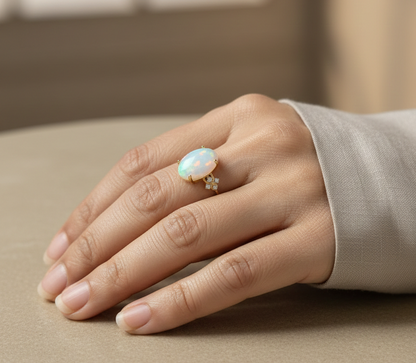 Oval cabochon opal ring in 18K yellow gold with diamond accents by Emirates Diamonds
