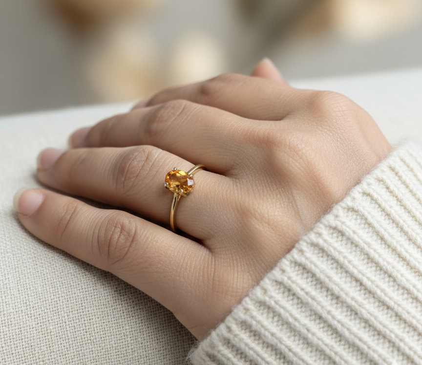 18K yellow gold oval citrine solitaire ring by Emirates Diamonds