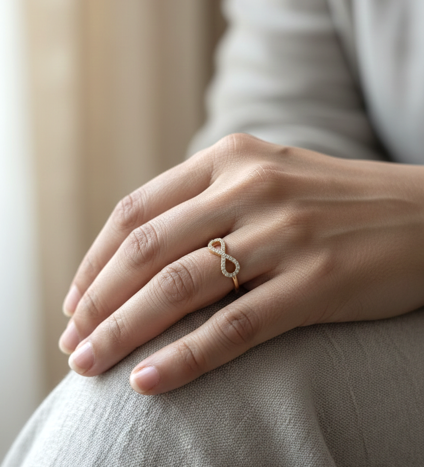 18K yellow gold infinity ring with pavé-set diamonds, total diamond weight 0.21 carat, Emirates Diamonds.