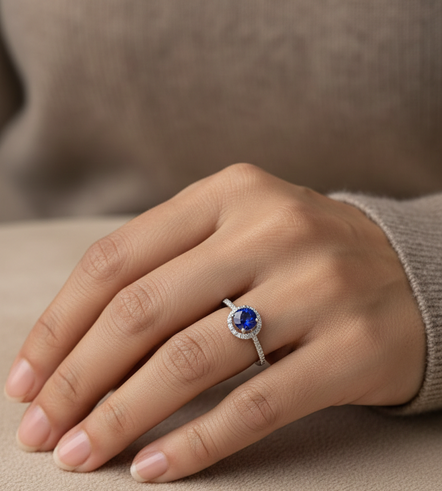 0.67 carat blue sapphire and diamond halo ring in 18K white gold by Emirates Diamonds