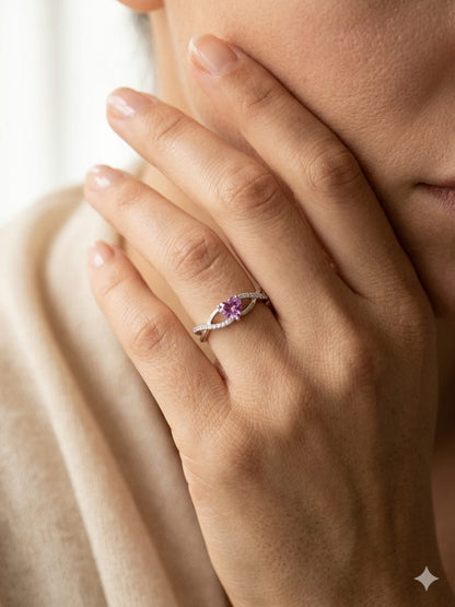 Heart-shaped pink sapphire and diamond ring in 18K white gold with curved band design – Emirates Diamonds