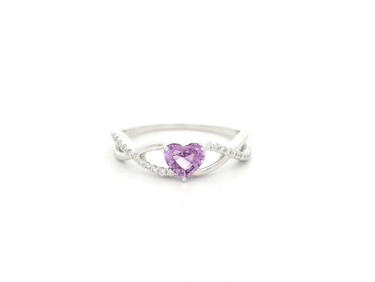Heart-shaped pink sapphire and diamond ring in 18K white gold with curved band design – Emirates Diamonds