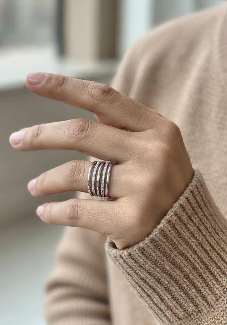 Diamond multi band stacked ring in 18K white gold by Emirates Diamonds