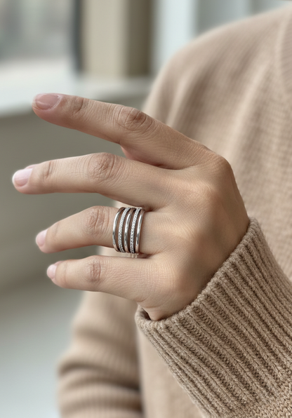 Diamond multi band stacked ring in 18K white gold by Emirates Diamonds