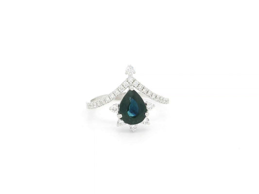Blue sapphire pear shape diamond crown ring in 18K white gold by Emirates Diamonds