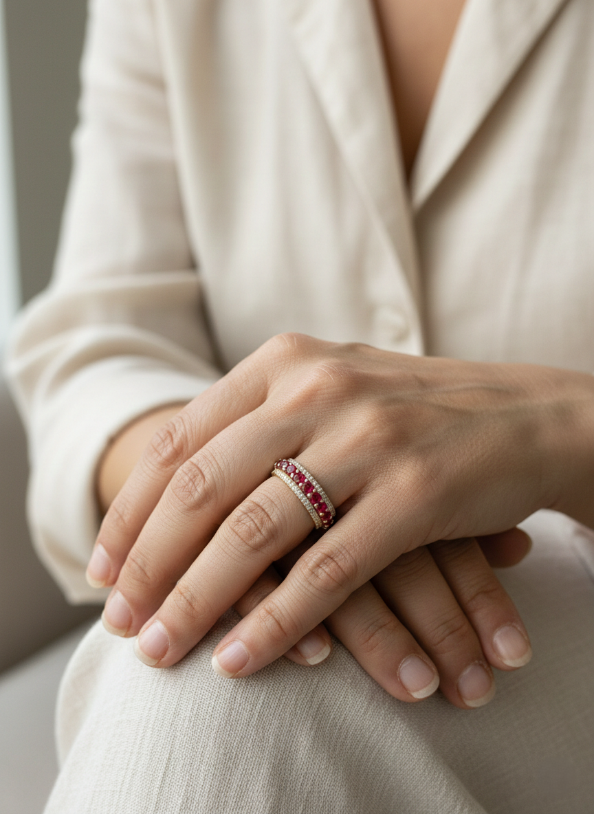 Ruby and diamond eternity ring in 18K yellow gold by Emirates Diamonds