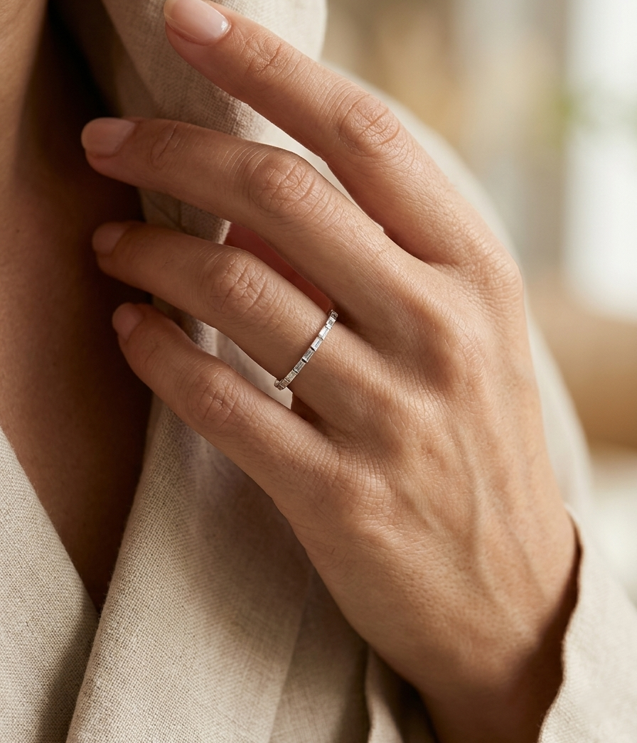 Baguette diamond band ring in 18K white gold minimalist stackable ring Emirates Diamonds