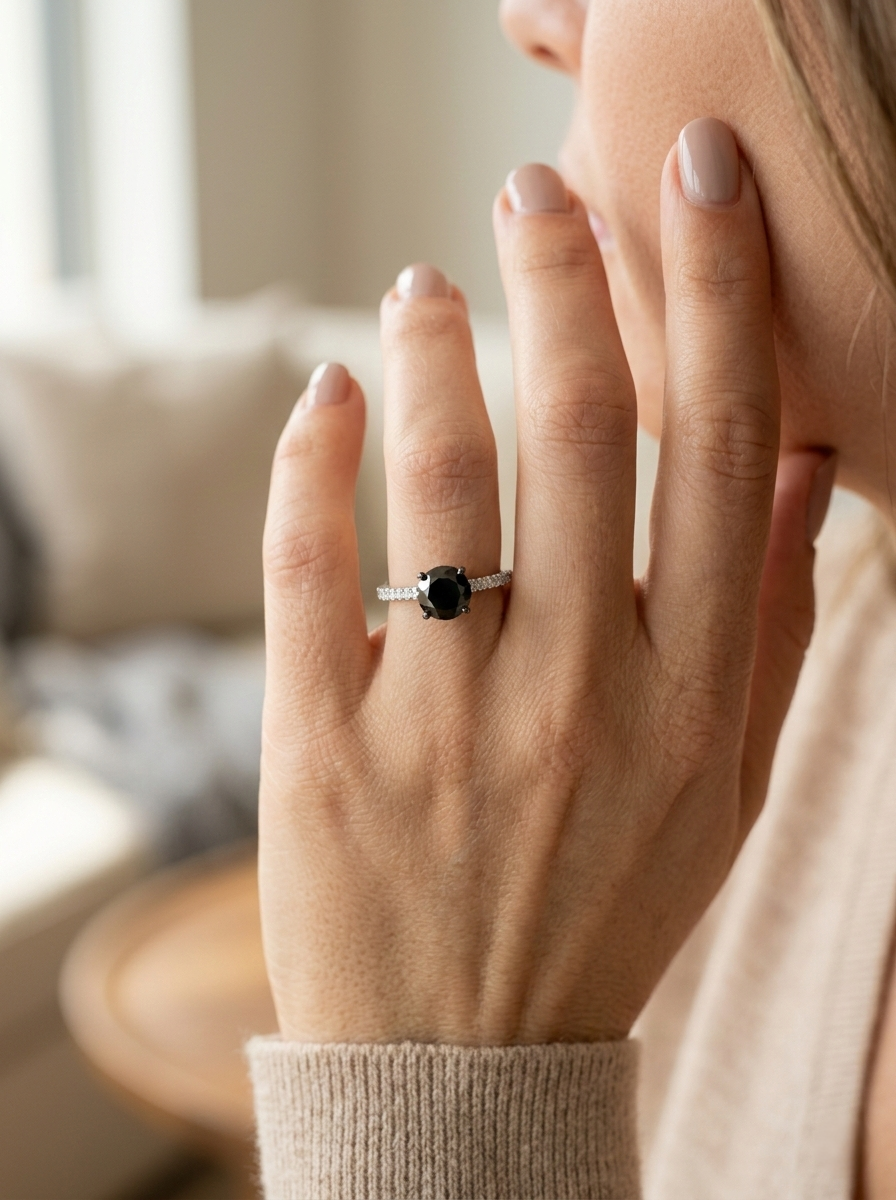 1.75ct black diamond solitaire ring with diamond band in 18K white gold by Emirates Diamonds