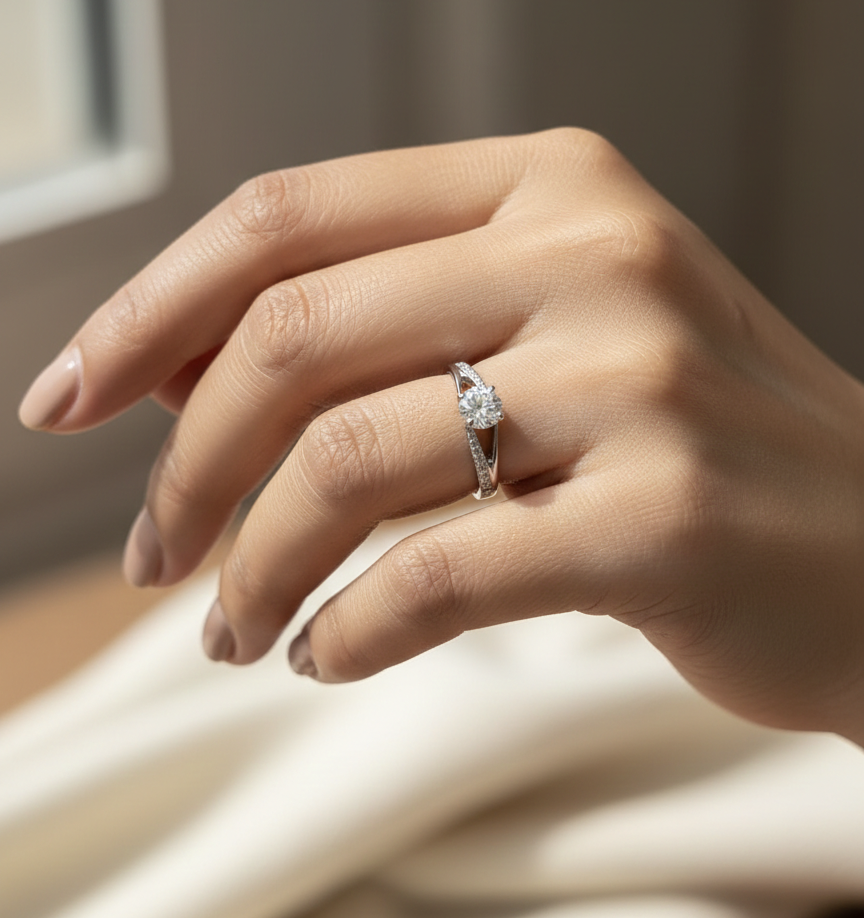 0.70 carat IGI certified diamond engagement ring with pavé band in 18K white gold by Emirates Diamonds