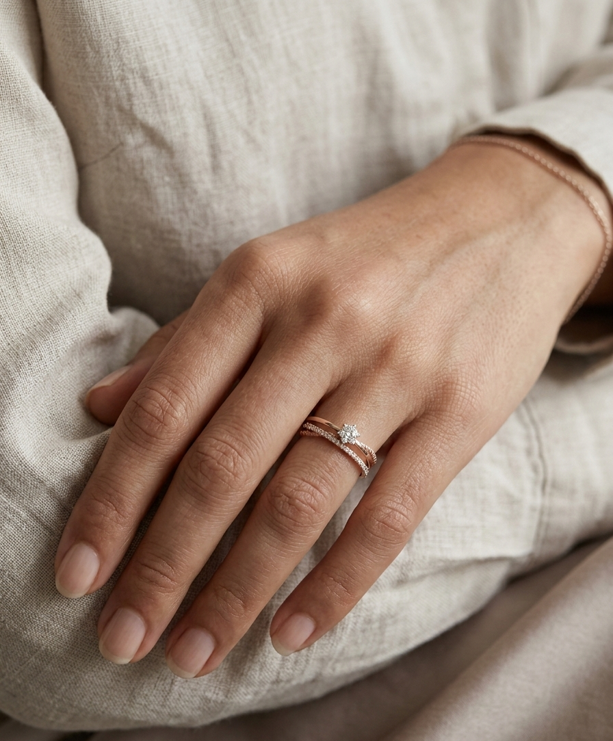 Diamond cluster crossover ring in 18K rose gold by Emirates Diamonds