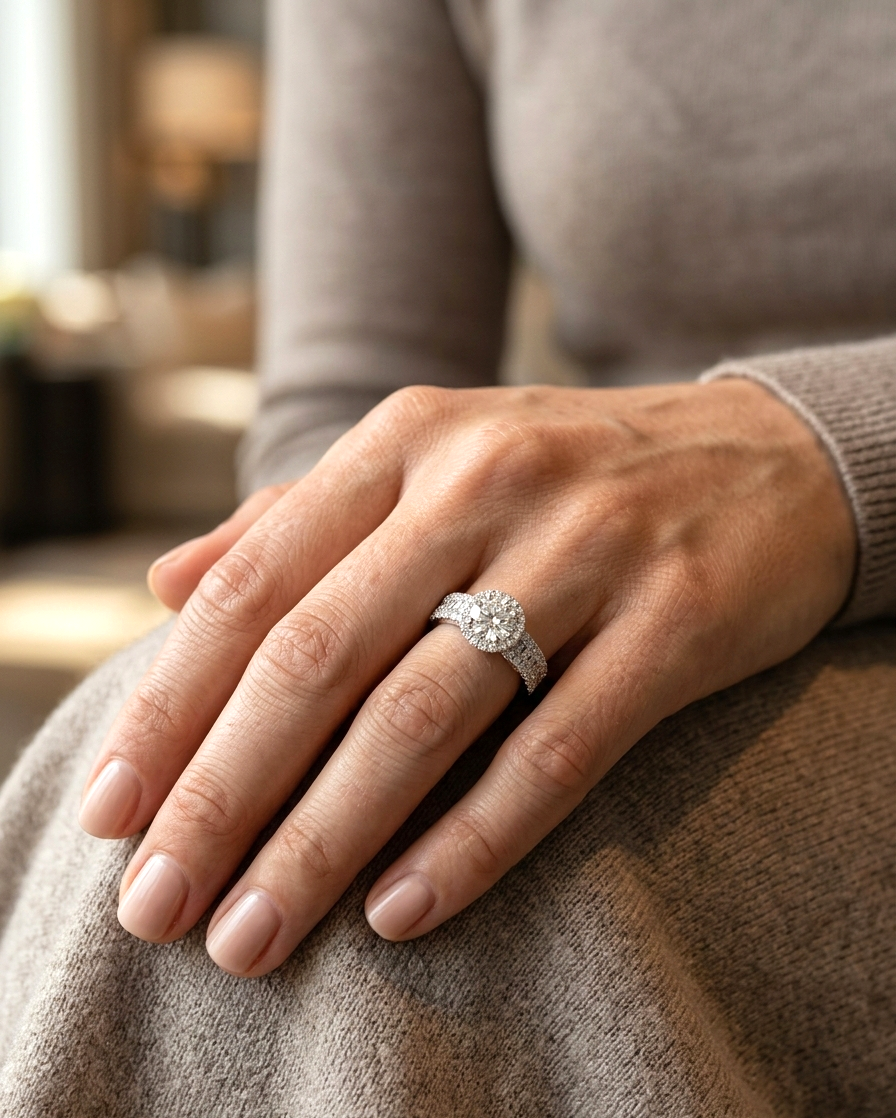 GIA certified 0.60 carat diamond halo engagement ring in 18K white gold with pavé diamond band by Emirates Diamonds