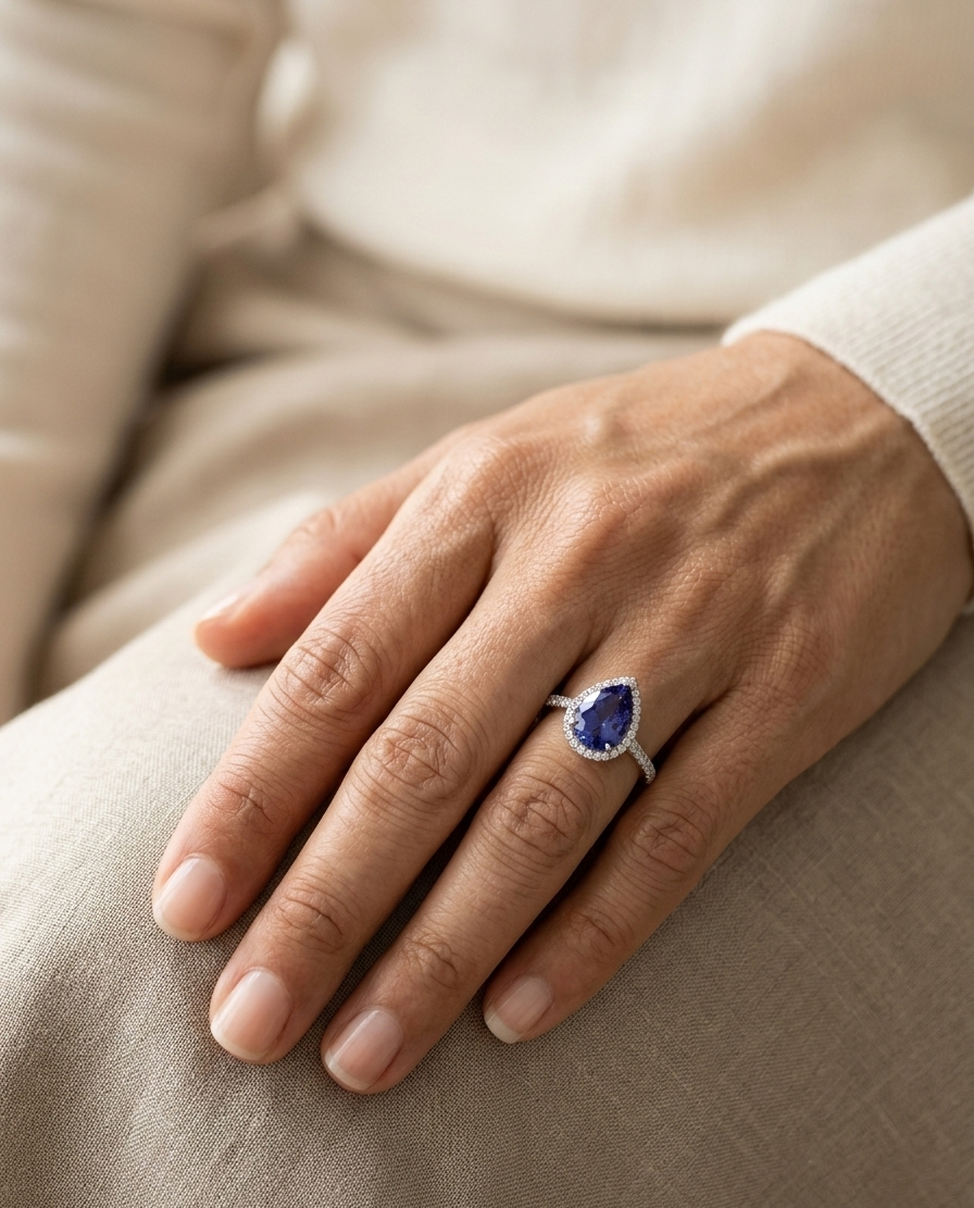 Pear cut tanzanite ring 3.83 carat with diamond halo in 18K white gold by Emirates Diamonds