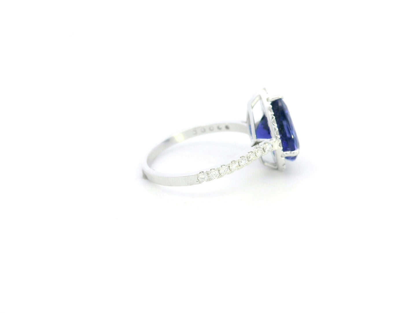 Pear cut tanzanite ring 3.83 carat with diamond halo in 18K white gold by Emirates Diamonds
