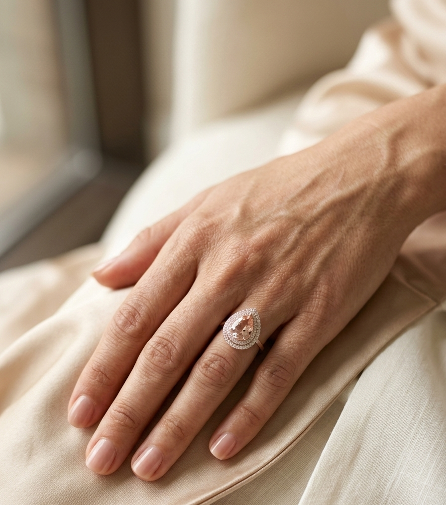 Pear morganite double halo diamond ring in 18K rose gold – Emirates Diamonds