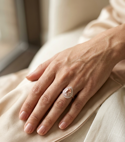 Pear morganite double halo diamond ring in 18K rose gold – Emirates Diamonds
