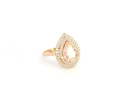 Pear morganite double halo diamond ring in 18K rose gold – Emirates Diamonds