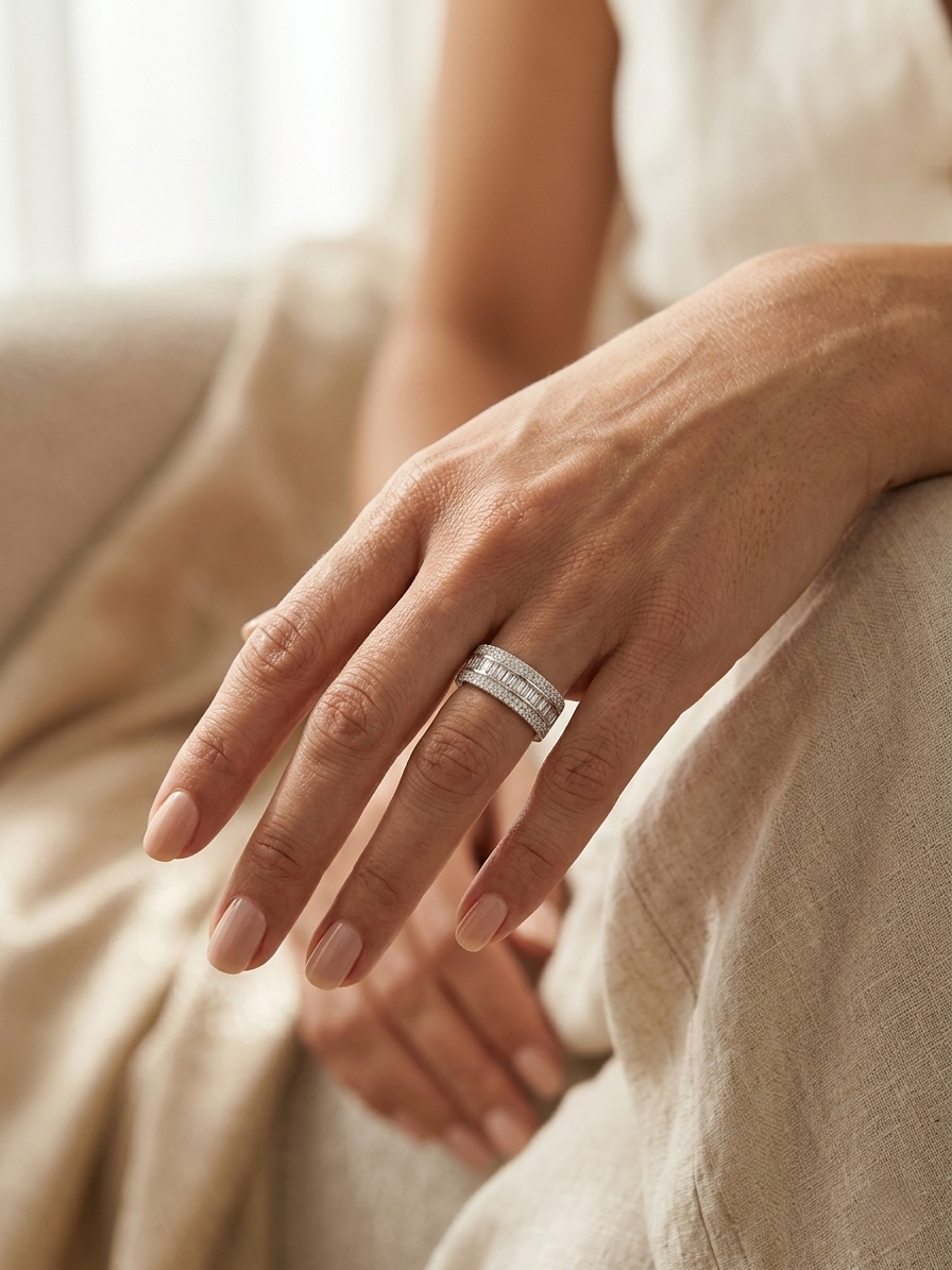 Baguette and round diamond band ring 0.99ct in 18K white gold unisex statement design by Emirates Diamonds