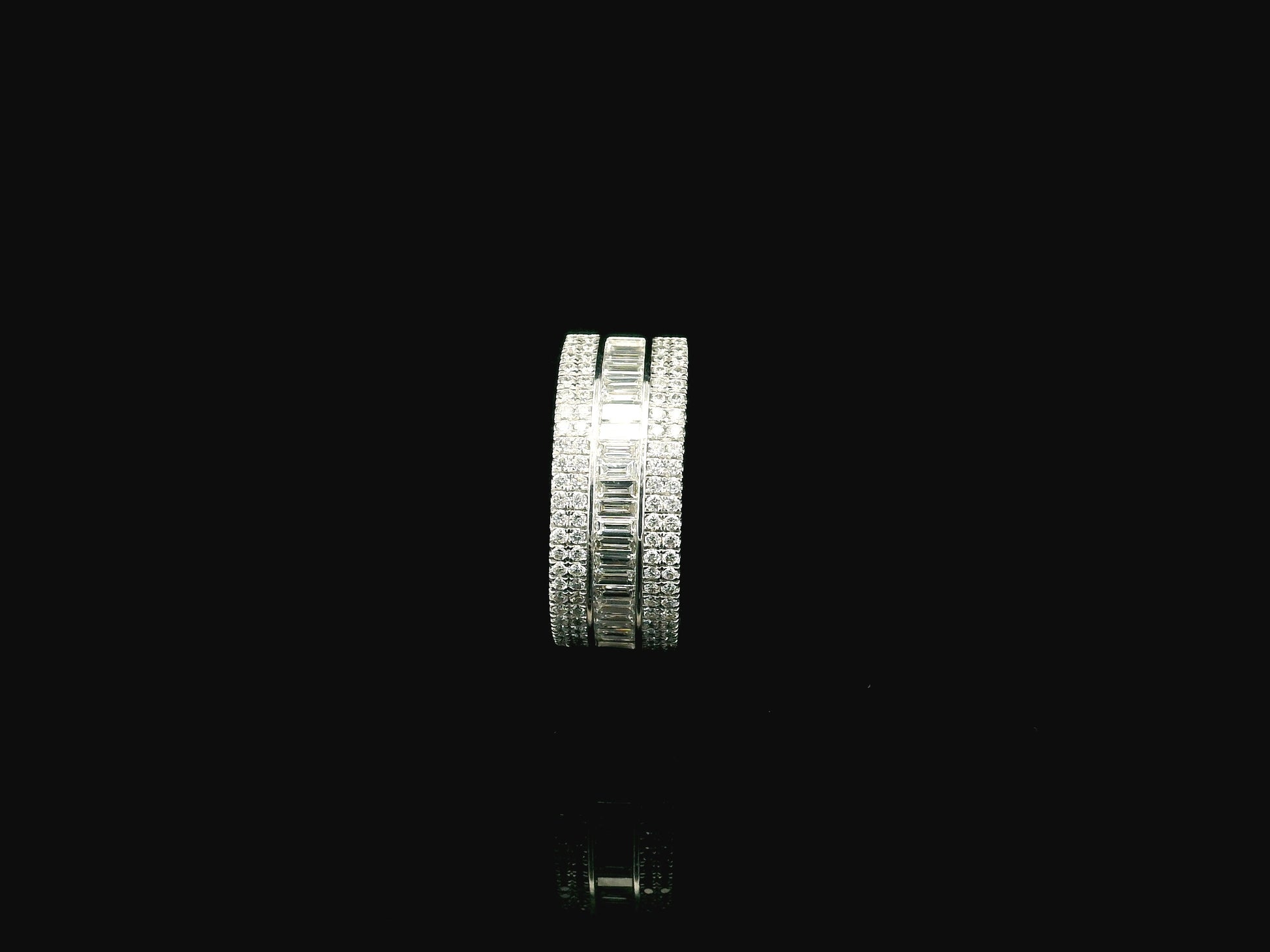 Baguette and round diamond band ring 0.99ct in 18K white gold unisex statement design by Emirates Diamonds
