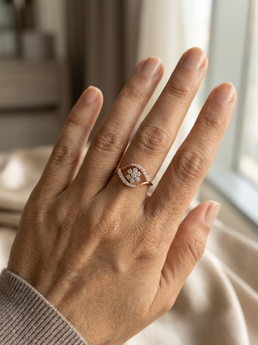 18K rose gold diamond floral cluster ring with geometric halo frame design