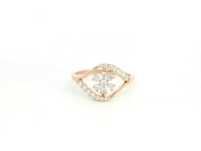 18K rose gold diamond floral cluster ring with geometric halo frame design