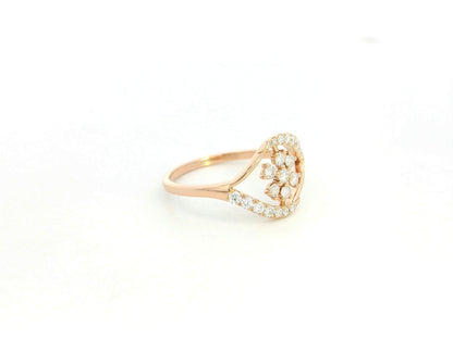 18K rose gold diamond floral cluster ring with geometric halo frame design