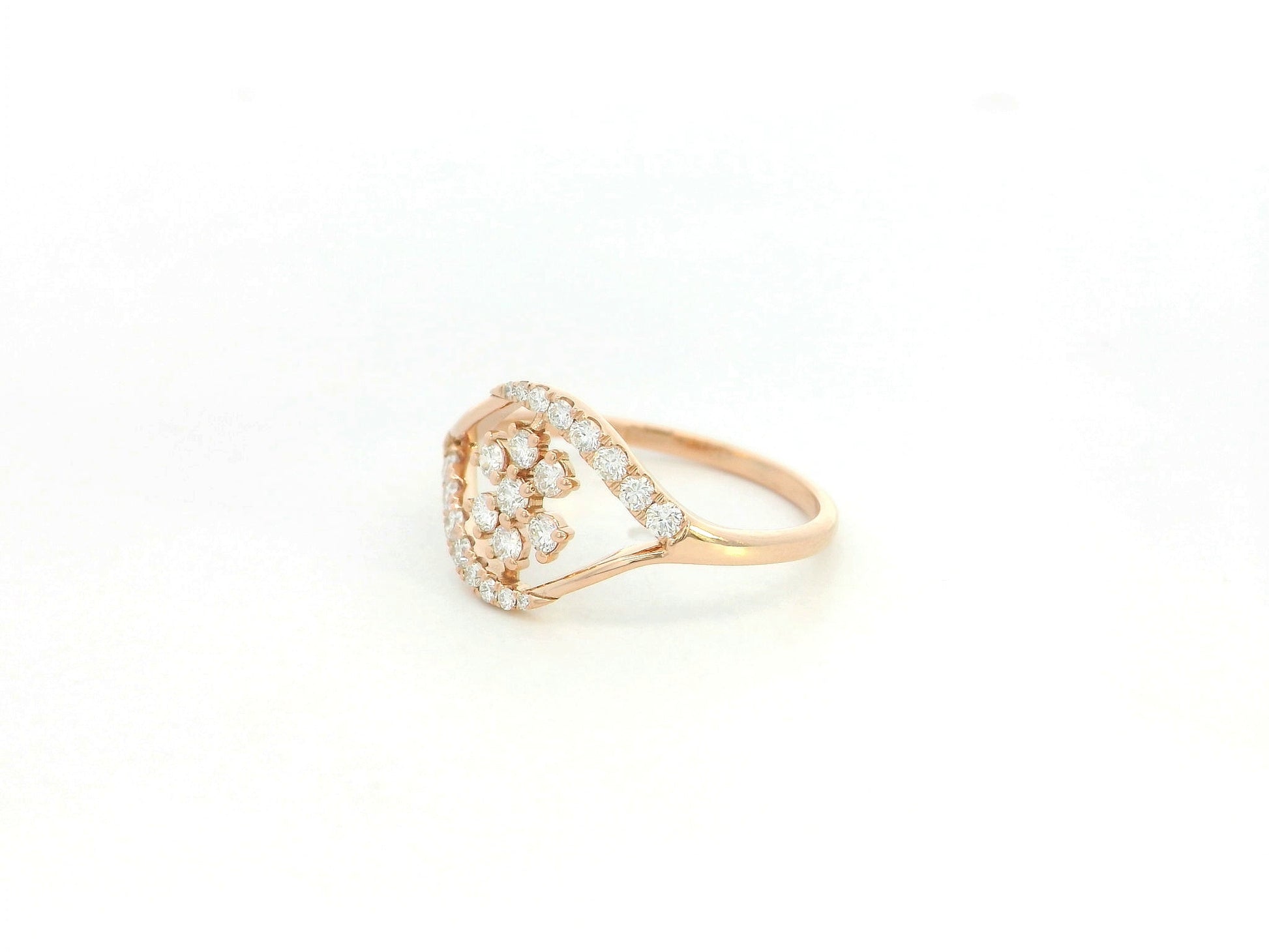 18K rose gold diamond floral cluster ring with geometric halo frame design