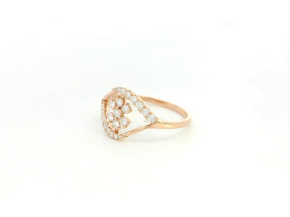 18K rose gold diamond floral cluster ring with geometric halo frame design