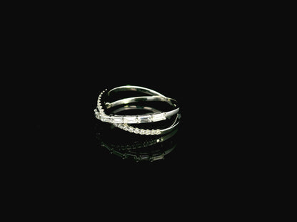 Baguette and round diamond crossover ring in 18K white gold criss-cross design Emirates Diamonds