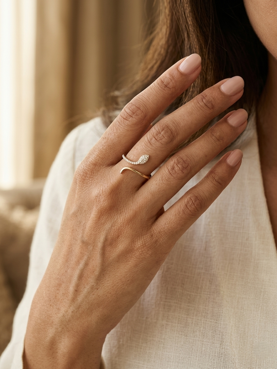 18K yellow gold open wrap diamond ring with curved minimalist design