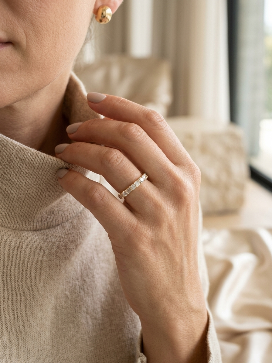 Round and baguette diamond band ring in 18K yellow gold by Emirates Diamonds