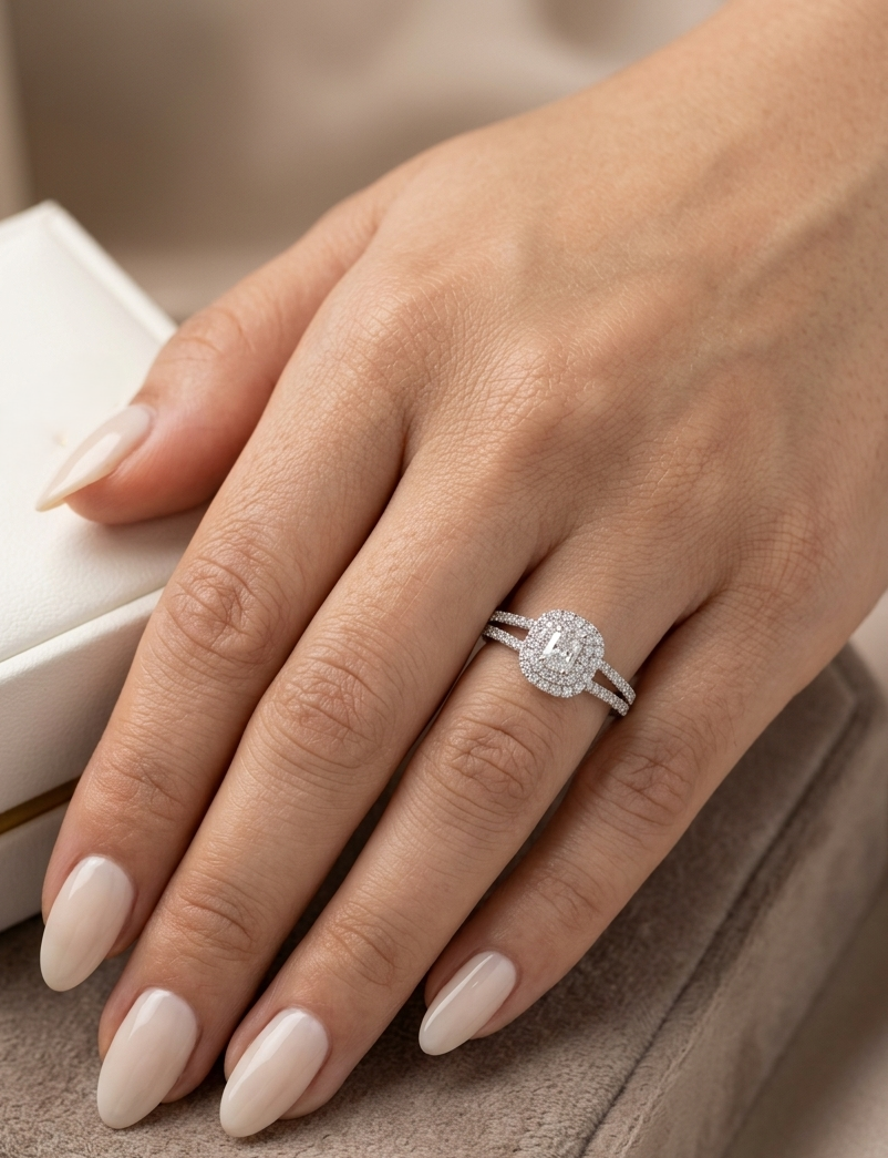 18K white gold halo engagement ring featuring a 0.51 carat GIA certified natural cushion cut diamond with D colour and VS2 clarity, surrounded by a double halo and split shank set with 0.50 carat natural round brilliant diamonds.