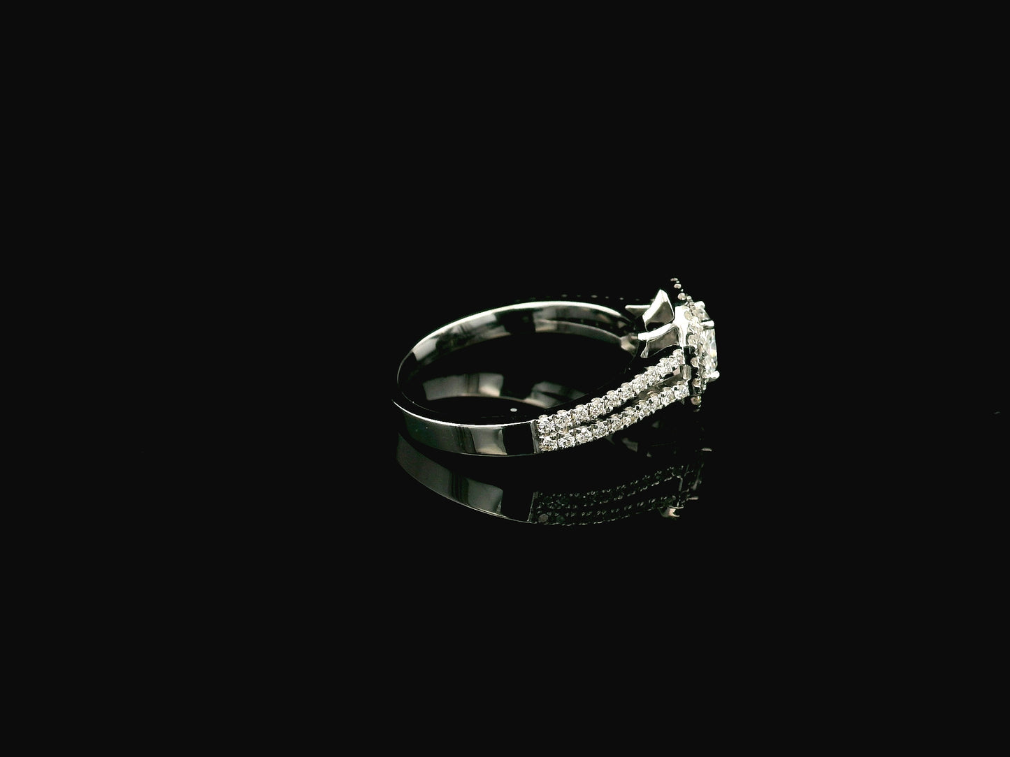 Cushion cut diamond halo ring in 18K white gold with GIA certified center diamond and diamond band – Emirates Diamonds
