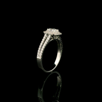 18K white gold halo engagement ring featuring a 0.51 carat GIA certified natural cushion cut diamond with D colour and VS2 clarity, surrounded by a double halo and split shank set with 0.50 carat natural round brilliant diamonds.