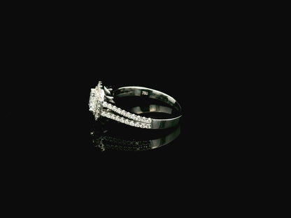 Cushion cut diamond halo ring in 18K white gold with GIA certified center diamond and diamond band – Emirates Diamonds